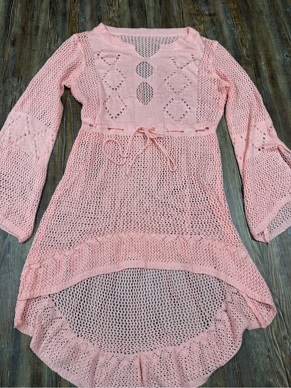Pink boho fairy core crochet cover up dress with diamond-shaped cutouts
